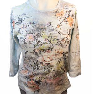 CACTUS Womens Size Medium Shirt Tee Blue Hummingbird Floral 3/4 Sleeve Y2K Top